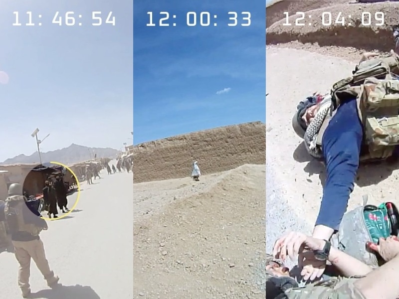 Three screen grabs from the helmet camera vision.