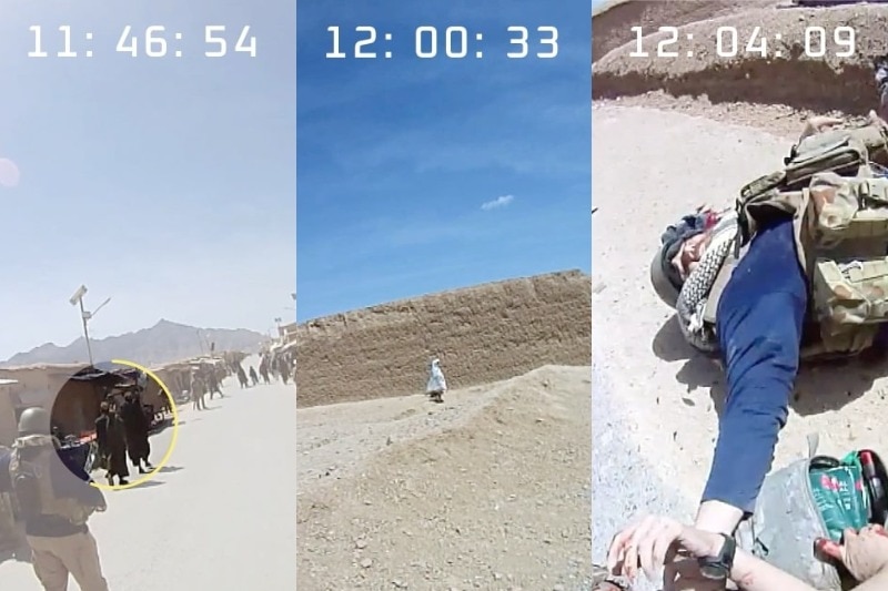 Three screen grabs from the helmet camera vision.