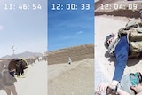 Three screen grabs from the helmet camera vision.