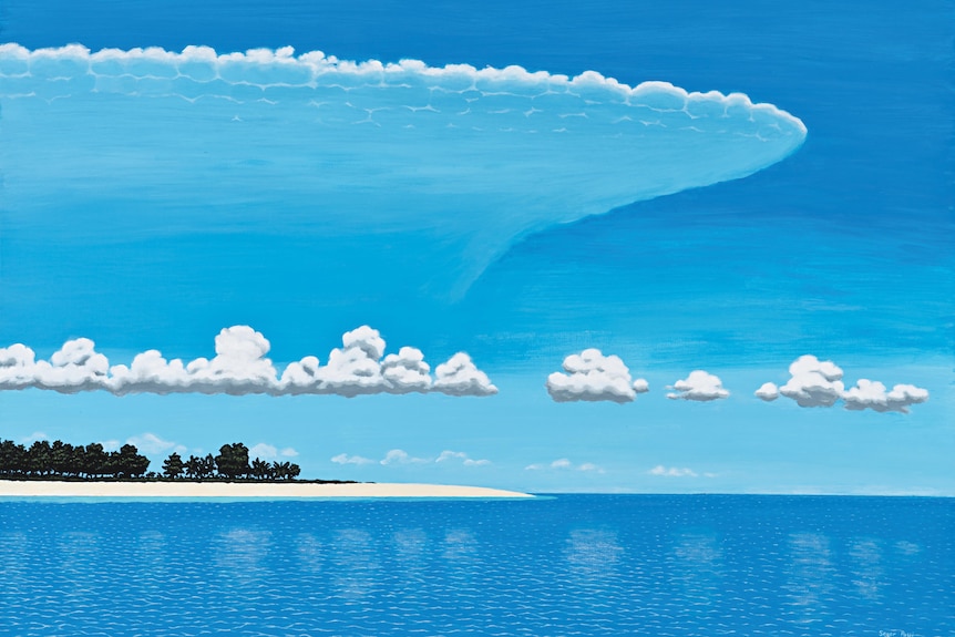 Painting of a bright blue sky over blue water, with a large white cloud shaped like a half-oval.