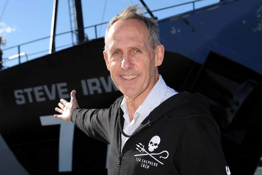 Bob Brown in front of Sea Shepherd