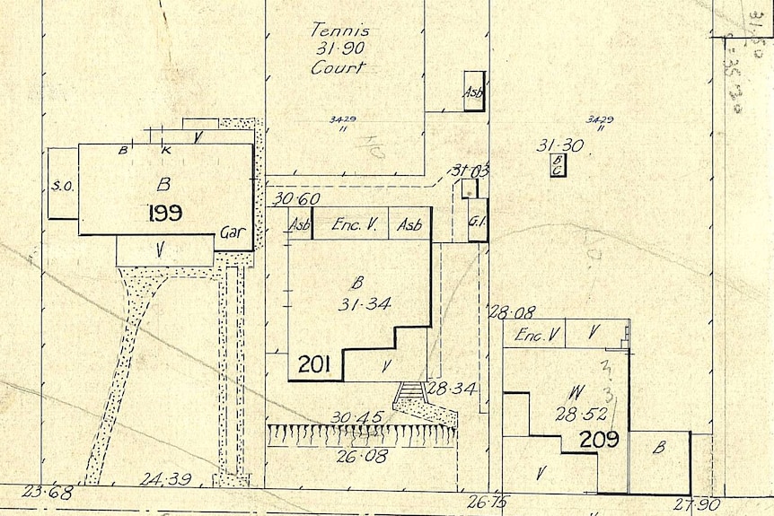 Hand drawn black and white survey map three Cottesloe houses