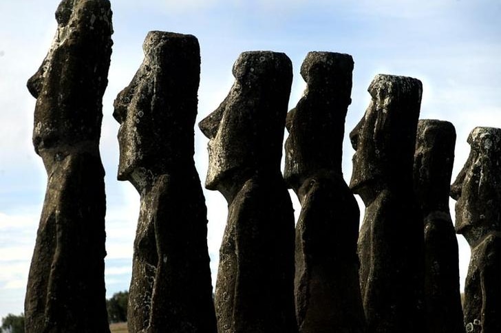 Seven Moai statues partially covered in moss stand in a line facing away from the camera with cloudy blue sky backdrop