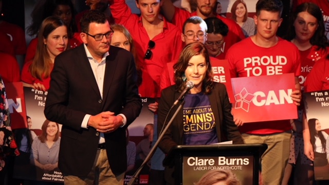 Victoria Premier Daniel Andrews with Labor's candidate for Northcote Clare Burns.