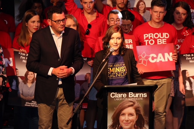 Victoria Premier Daniel Andrews with Labor's candidate for Northcote Clare Burns.