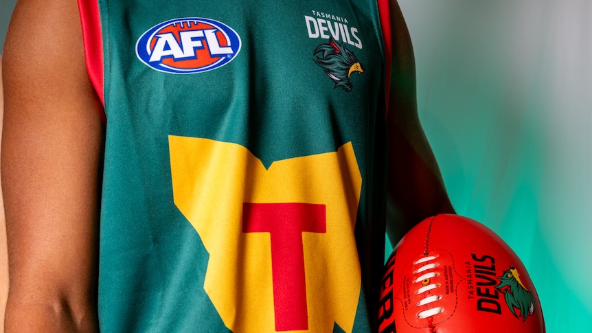 Close-up of Tasmania Devils AFL team foundation jumper design.