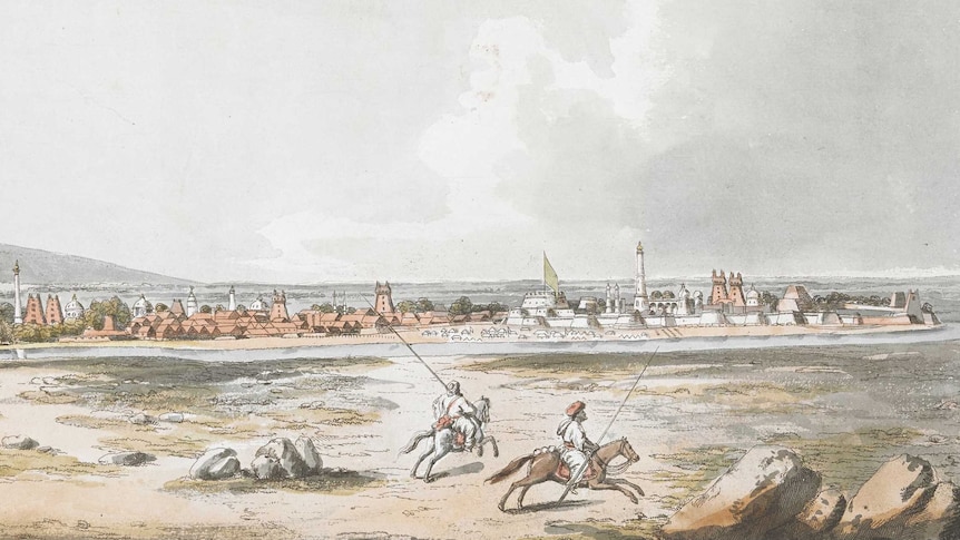 An illustration of an Indian city in the distance. In the foreground are two men on horses.