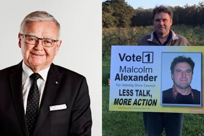 A composite image of an older man in a suit, and another man holding a Vote 1 sign.