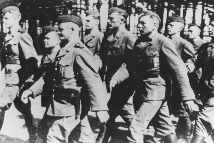 SS recruits on the march at Trawniki in 1942-43.