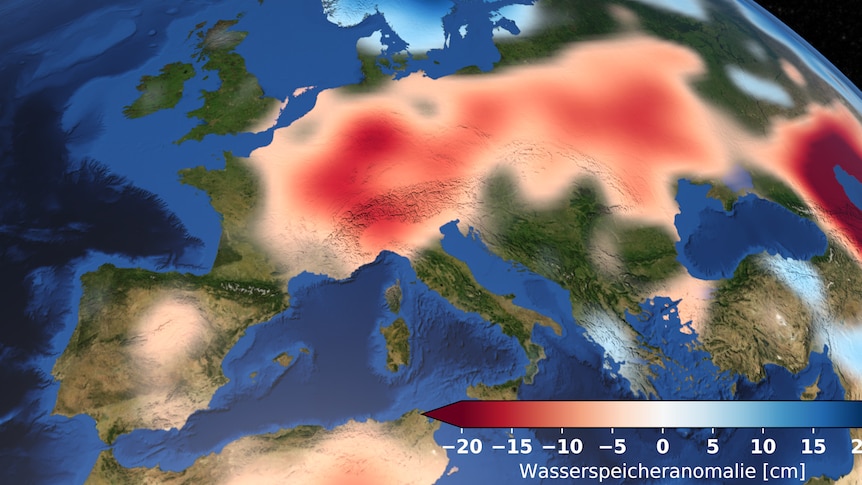 A satelite image shows patches of red and yellow over Europe. 