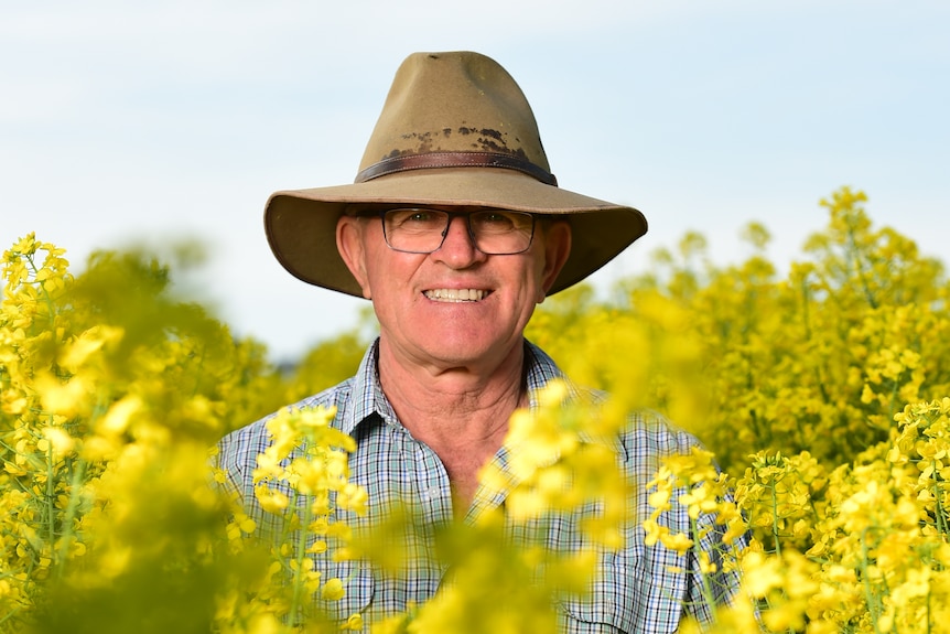 A man stands in a canola field, smiling.