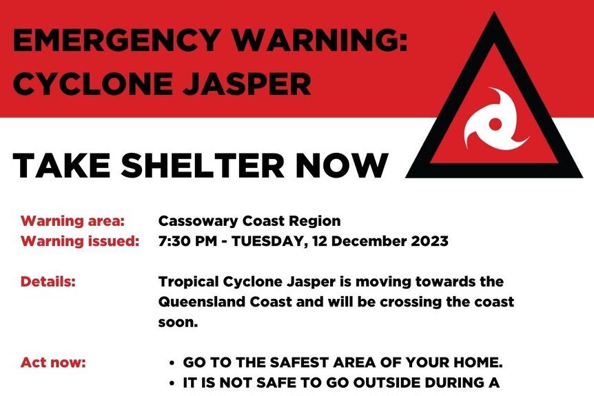 A message telling Cassowary Coast residents to Take Shelter Now