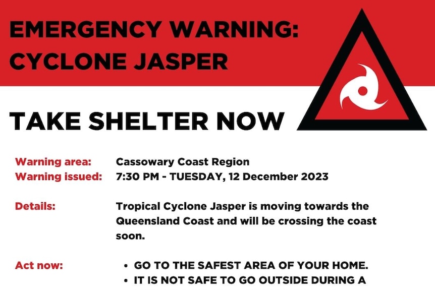 A message telling Cassowary Coast residents to Take Shelter Now