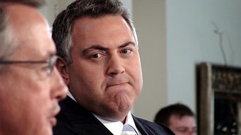 Joe Hockey listens to Wayne Swan during Press Club debate (AAP: Simon Cardwell)