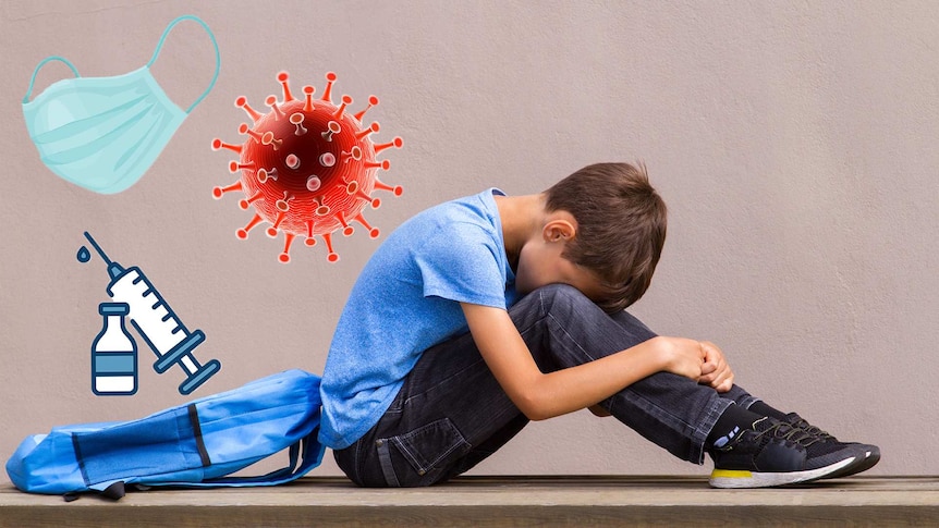 School kid sitting sad with head on knees, graphic of mask, vaccine and COVID spore to the left of frame.