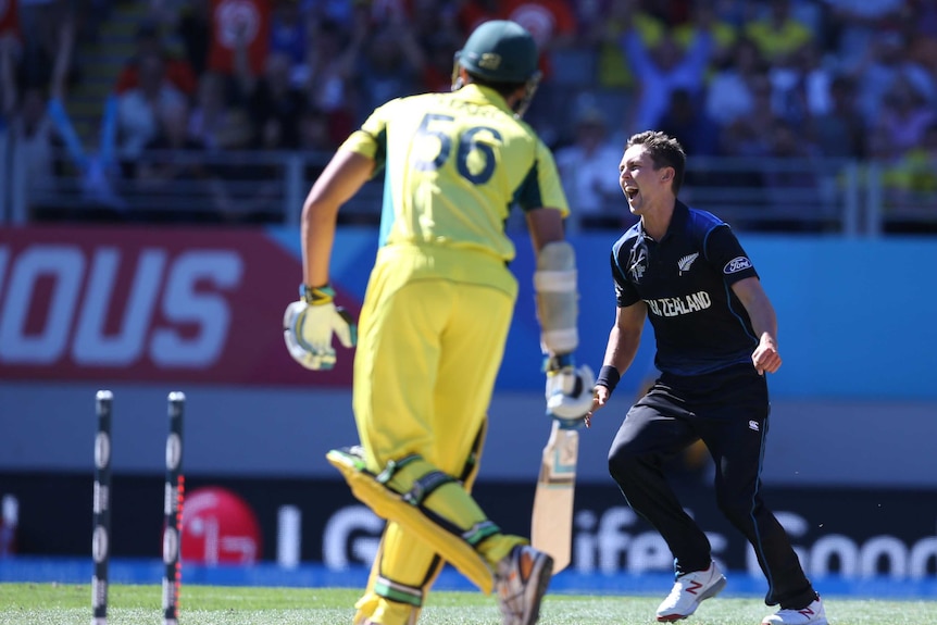 Boult celebrates the wicket of Starc