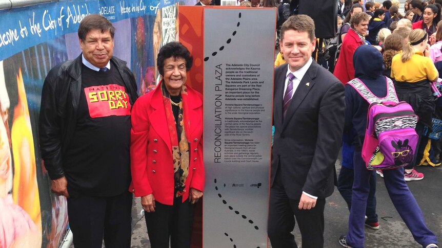 Indigenous leaders in Adelaide joined the Lord Major Stephen Yarwood at the official opening of a reconciliation plaza.