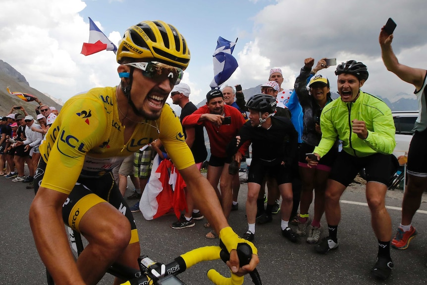 The race leader in the yellow jersey grimaces as crowds wave him on at the Tour de France.