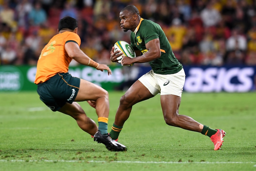 A Springboks player holds the ball with his right hand as he faces a Wallabies opponent.