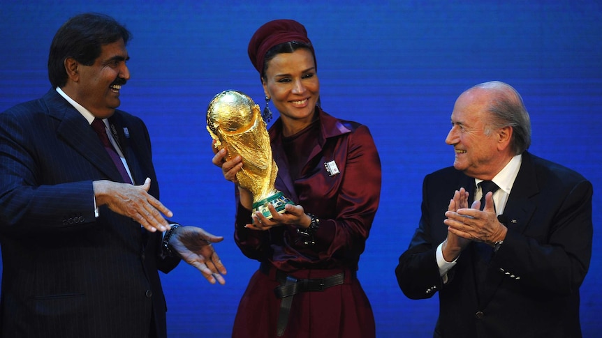 The Emir of Qatar and his wife with FIFA's Sepp Blatter after Qatar named as 2022 World Cup hosts.