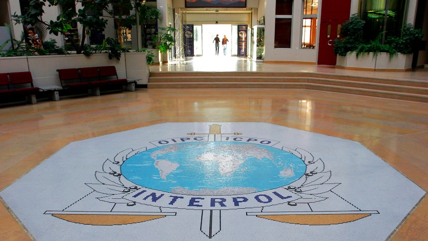 The floor of a building lobby with the Interpol logo in the centre and greenery and  a well lit doorway in the background