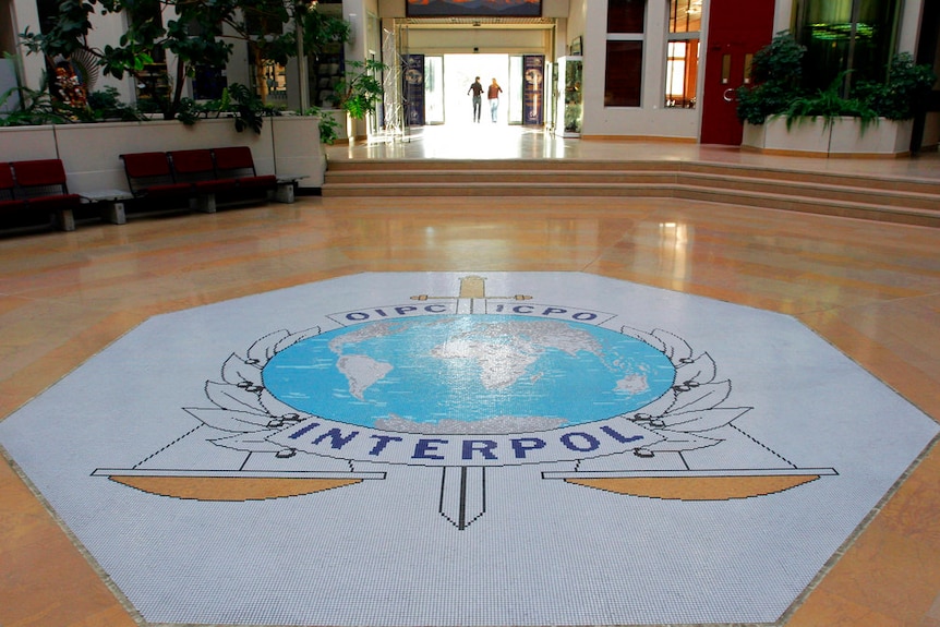 The floor of a building lobby with the Interpol logo in the centre and greenery and  a well lit doorway in the background