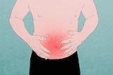 Illustration of a shirtless man with stomach pain