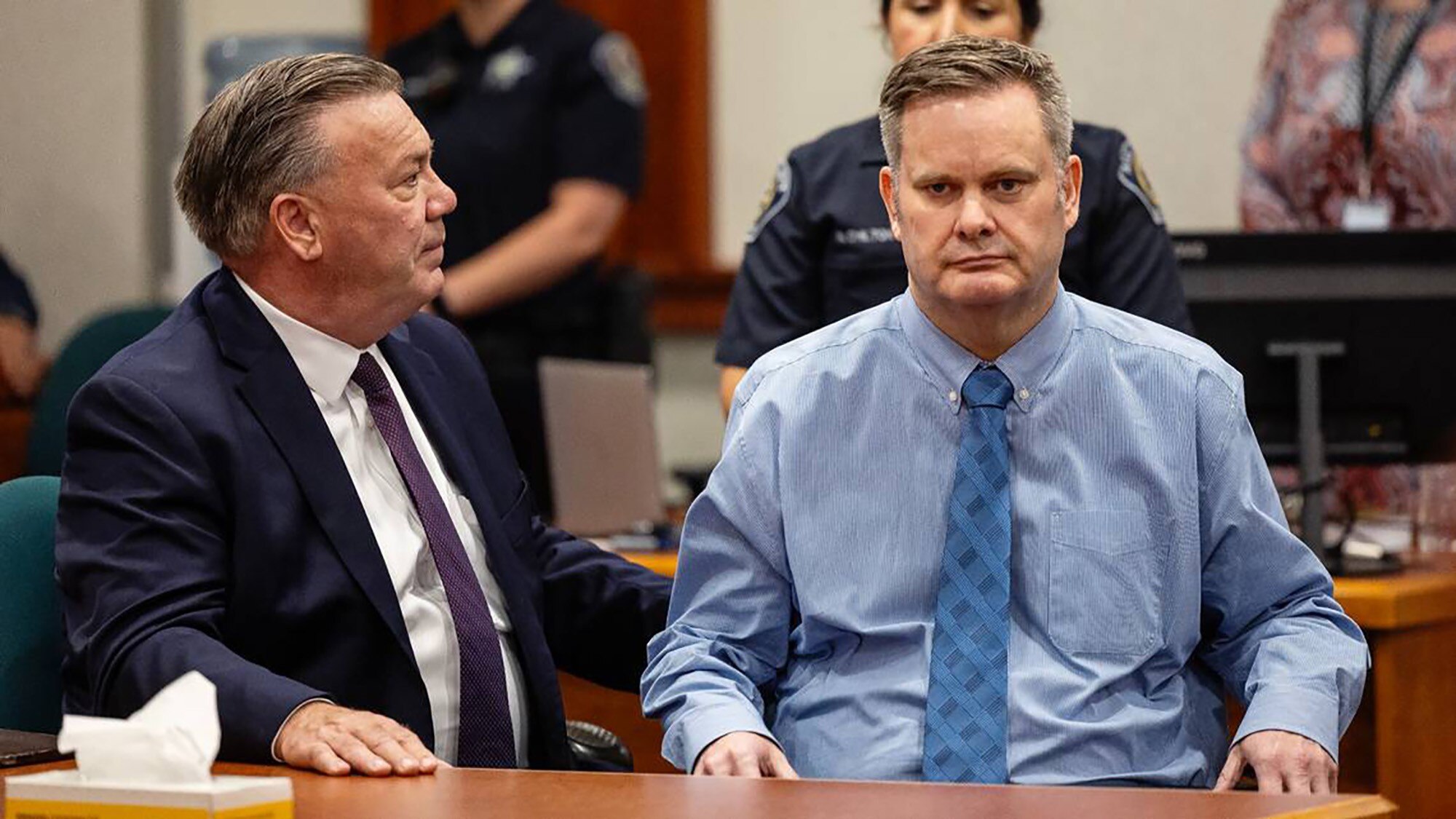Chad Daybell sits with his attorney in court