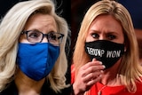 A composite image of Liz Cheney in a blue mask and Marjorie Taylor Green in a mask reading "Trump won"