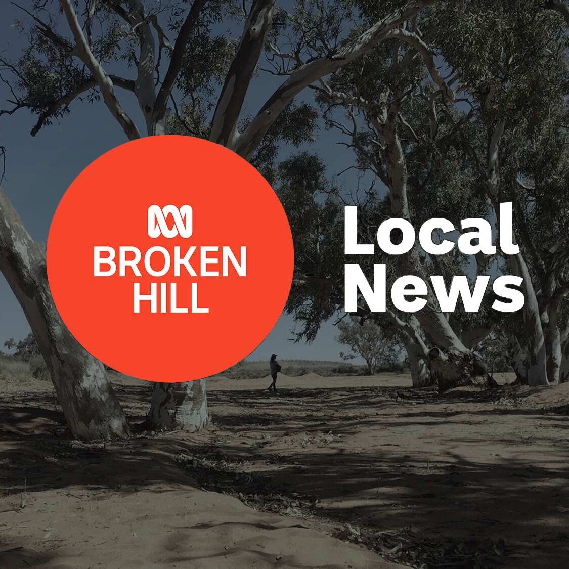 Dry riverbed with giant gum trees; ABC Broken Hill and Local News superimposed over the top.