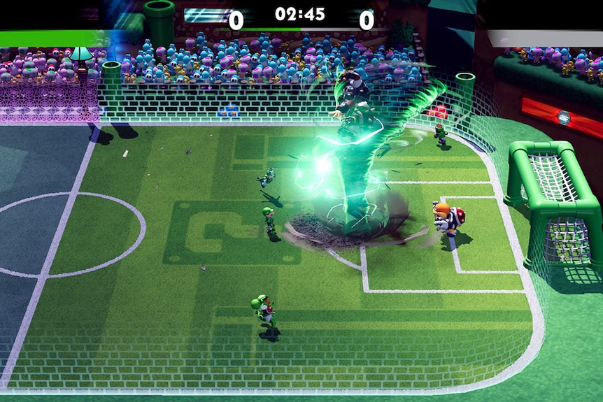 A screenshot of a video game soccer field where one of the players has summoned a tornado.