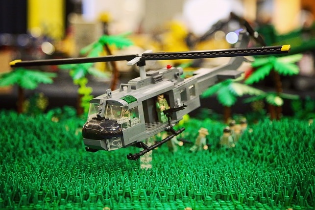 A model helicopter made out of Lego.