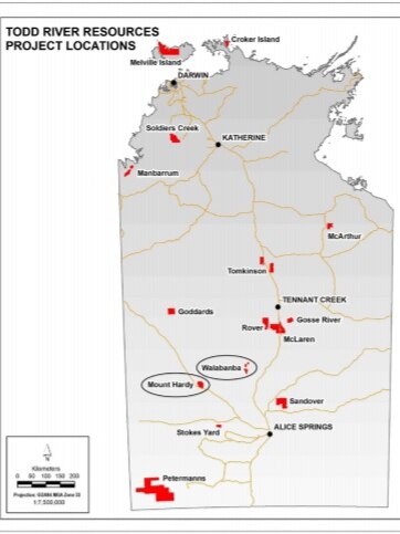 Map of new Australian base metals company Todd River Resources' NT projects