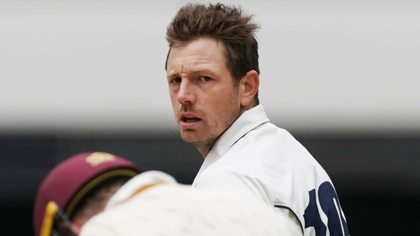James Pattinson glares at a Queensland batsman