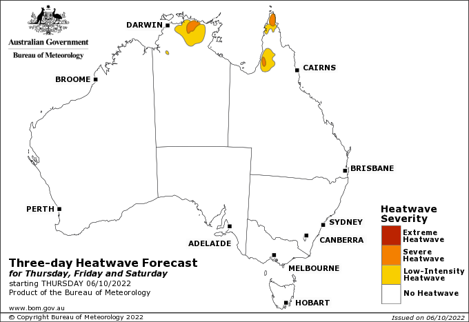 Map of Aus. Patches of yellow and orange indicating low to severe intensity heatwave conditions for parts  of NT and N QLD