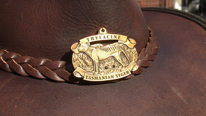 Thylacine hunter Adrian Richardson's hat badge, September 6, 2017.