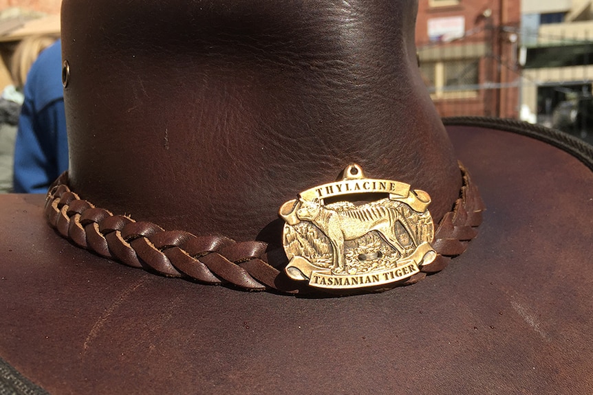 Thylacine hunter Adrian Richardson's hat badge, September 6, 2017.