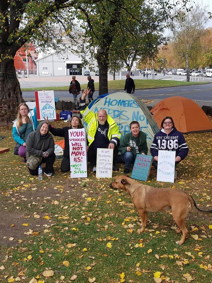 Homelessness protesters on lawns of Tasmanian Parliament, Hobart, May 2 2018.