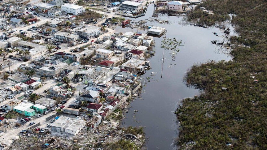 An aerial view showing flooded areas to local villages on islands in the Caribbean.
