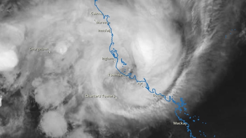 BOM satellite image of Tropical Cyclone Kirrily as starts to cross the coast