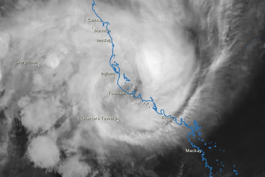 BOM satellite image of Tropical Cyclone Kirrily as starts to cross the coast