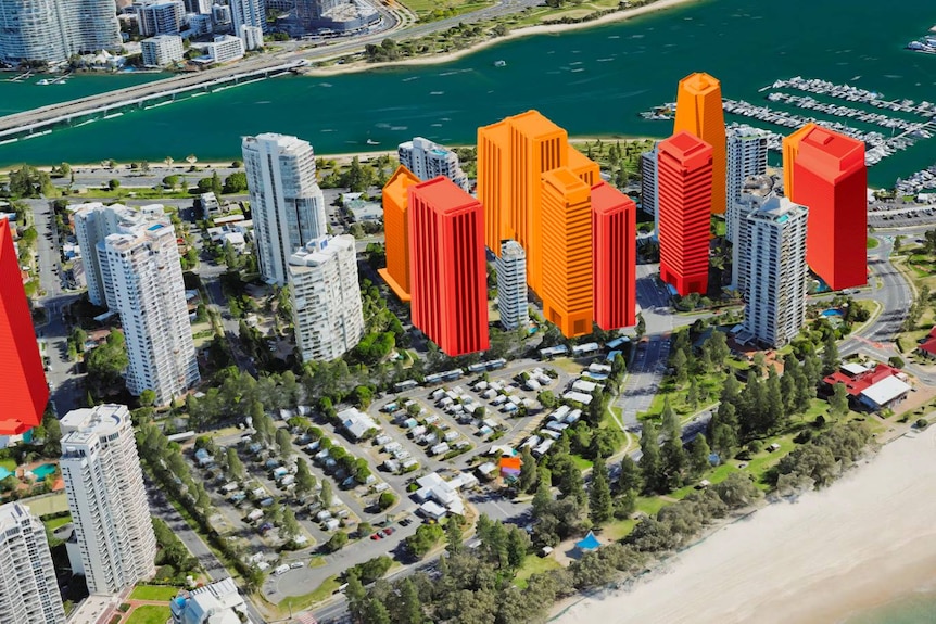 Aerial image of existing Main Beach high-rises and graphics showing potential tower developments.