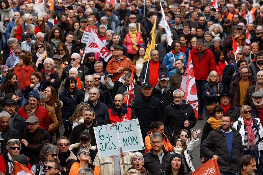 A crowd marches holding flags and signs.