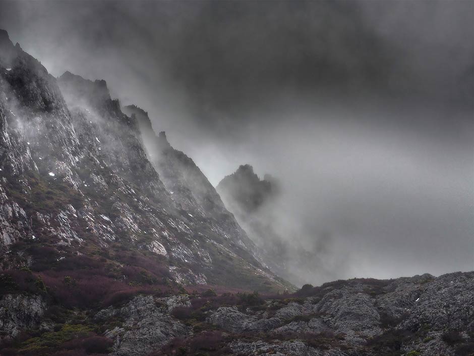 Cradle Mountain shrouded in mist
