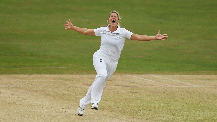 England's Katherine Brunt celebrates taking the wicket of Australia's Elyse Villani