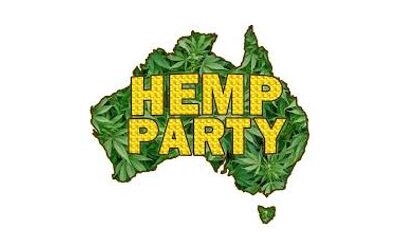 A map of Australia filled in with marijuana leaves with yellow writing emblazoned on top reading: HEMP Party.