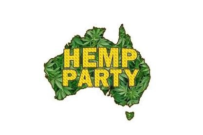 A map of Australia filled in with marijuana leaves with yellow writing emblazoned on top reading: HEMP Party.