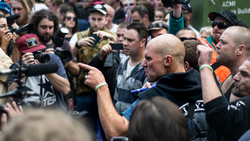 A man points angrily during a Reclaim Australia rally in Melbourne