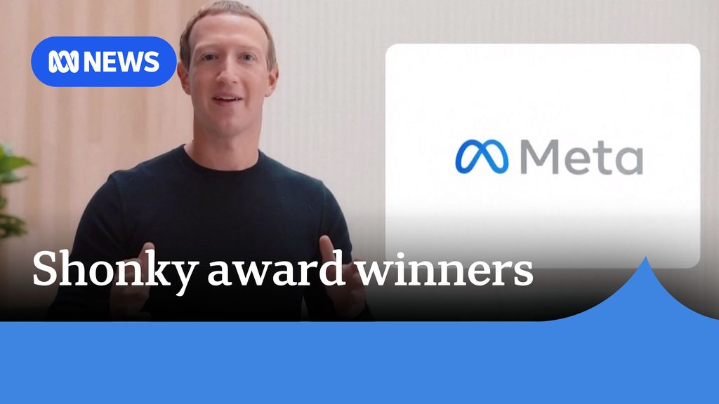Shonky award winners: Mark Zuckerberg gives presentation wearing black tshirt next to Meta logo. 