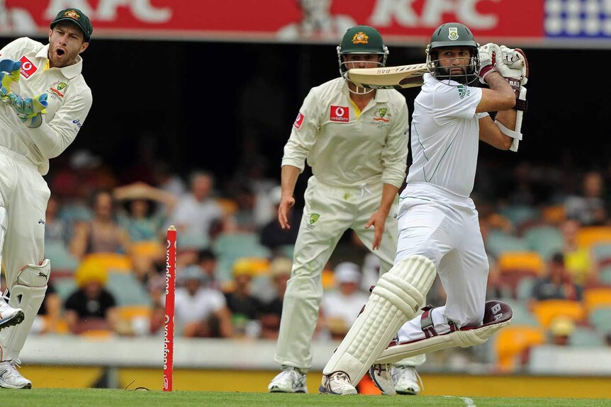 Hashim means business: Amla takes the long handle to the Australian attack.